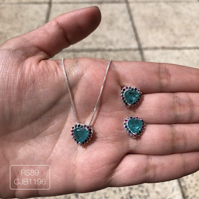 Conjunto Coração Turmalina Fusion Cravejada Rainbow Prateada